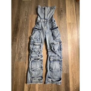 Cargo Denim Jumpsuit Women Size S Blue Excellent Strapless Wide Leg